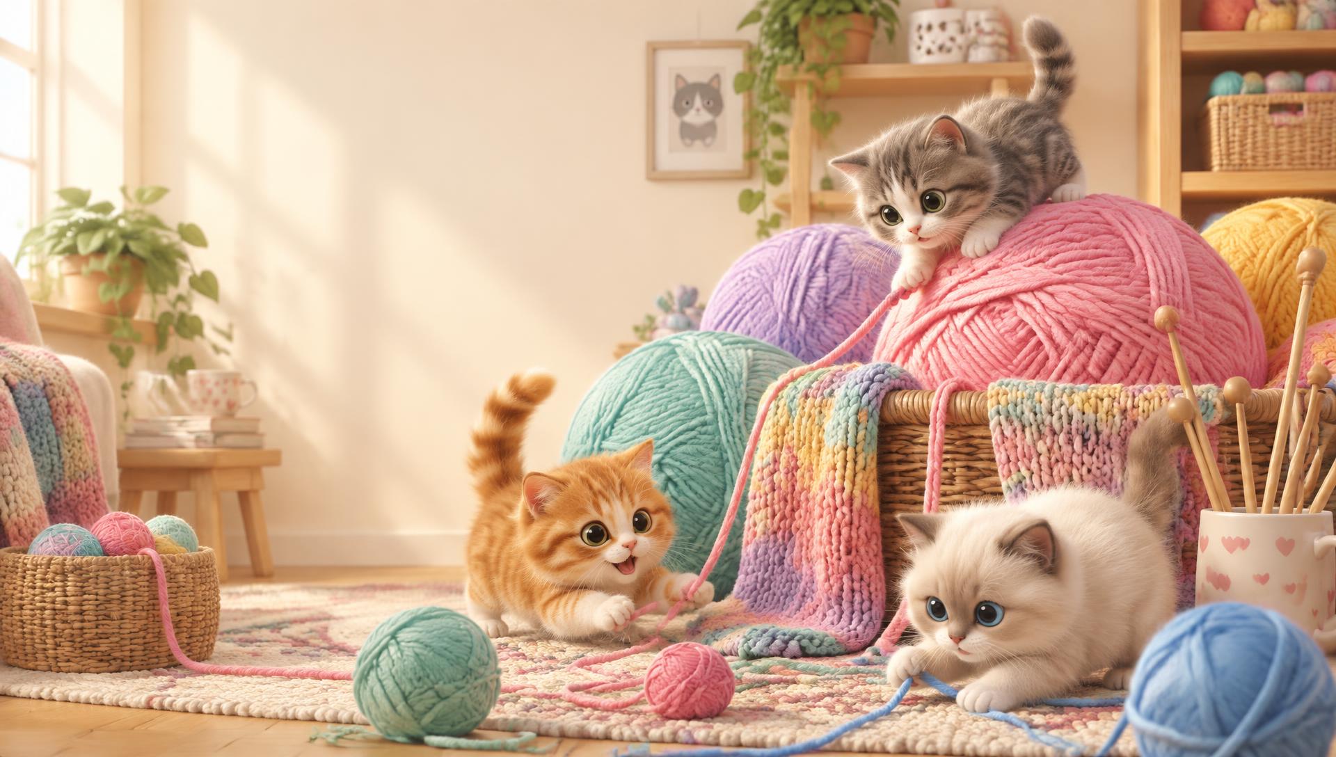 Kittens playing with giant colourful balls of yarn